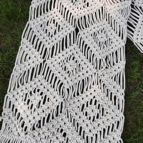 Boho Cream Macrame Woven Table Runner With Long Fringe Ends - Picture 3 of 6